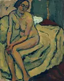 Johann Walter-Kurau, Female nude sitting on a bed, c. 1916, oil on cardboard; framed