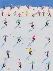 Peter Waldner, Skiers, mixed media on paper; framed