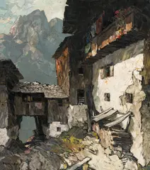 Oskar Mulley, Mountain farm, oil on canvas; framed