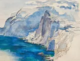 Cliffs near Positano by Ludwig Heinrich Jungnickel, Kohlestift, watercolour on paper; framed, sold Jun 2025