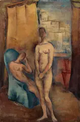 Joseph Floch, Waiting nudes in front of a curtain, 1928, oil on canvas; framed