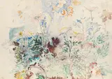 Roosters among wildflowers by Ludwig Heinrich Jungnickel, mixed media on paper; framed, offered Jun 2025
