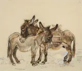 Two donkeys by Ludwig Heinrich Jungnickel, mixed media on paper; framed, sold Jun 2025