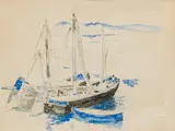 Boats on the Mediterranean Sea by Ludwig Heinrich Jungnickel, pencil, watercolour on paper; framed, sold Jun 2025