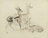 Three deer by Ludwig Heinrich Jungnickel, charcoal pencil, watercolour on paper; framed, offered Jun 2025