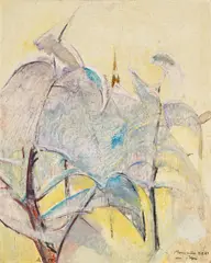 Anton Mahringer, Orchard with St. Georgen church in winter, 1951, oil on fibreboard; framed