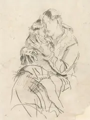 Franz Wiegele, Mother and child, 1921, black chalk on paper; framed