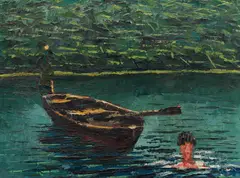 Arnold Clementschitsch, Bathers at Lake Ossiach, c. 1918, oil on painting cardboard; framed
