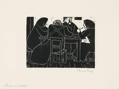 Werner Berg, Wirtin und Gäste, 1951, woodcut on paper; framed