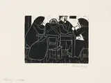 Werner Berg, Wirtin und Gäste, 1951, woodcut on paper; framed