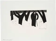 Werner Berg, Alte unterwegs II, 1967, woodcut on paper; framed