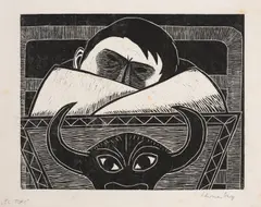 Werner Berg, El Toro, 1980, woodcut on paper; framed