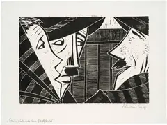 Werner Berg, Bauersleute im Gasthaus, 1959, woodcut on paper; framed