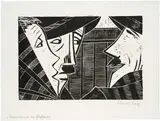 Werner Berg, Bauersleute im Gasthaus, 1959, woodcut on paper; framed