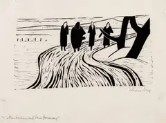 Werner Berg, Vier Frauen auf dem Heimweg, 1972, woodcut on paper; framed