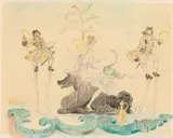 Fritz von Herzmanovsky-Orlando, Höflinge suchen im Auftrag Maria Theresiens Leda zu gefallen um Skandal hintanzuhalten, pencil, coloured pencil on paper; framed