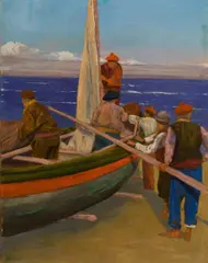 Hugó Poll, Fishermen on the beach, oil on cardboard; unframed