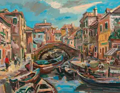Wilhelm Kaufmann, View of the canal in Venice, oil on cardboard; framed