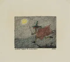 Paul Flora, Eilende Maske im Mondschein, India ink, coloured pencil on paper; framed