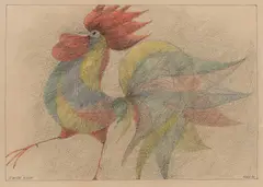 Paul Flora, Bunter Hahn, 1990, India ink, coloured pencil on paper; framed