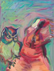 Maria Lassnig, Die Weisheit wird mit Blut erkauft, 1984, oil on canvas; framed