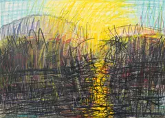 Max Peintner, Im Gegenlicht scheint sich das Reflex am anderen Ufer aufzuwölben, 1979, mixed media on paper; framed