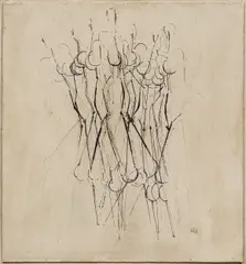Roland Goeschl, Figures, 1960, oil on panel; installed on wooden frame