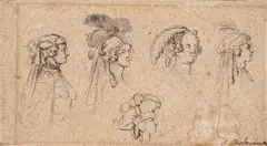Daniel Nikolaus Chodowiecki, Female head studies, pen and wash, on paper on cardboard; unframed, in passepartout