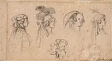 Daniel Nikolaus Chodowiecki, Female head studies, pen and wash, on paper on cardboard; unframed, in passepartout