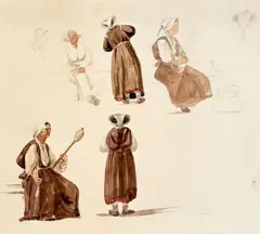 Joseph Selleny, 17 figure and animal studies, including sketches from the ‘Novara’ expedition, pencil and watercolour on paper; unframed