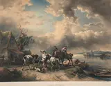 Friedrich Gauermann, Ship's horses; horse pond; among others after F. Gauermann (mixed lot 12 items), lithograph, partly colored; unframed, in passepartout