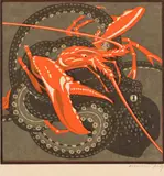 Norbertine Bresslern-Roth, Fight (squid and lobster), colour linocut on paper; unframed
