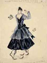 Lotte Calm, Blue taffeta dress with blue tulle overdress, c. 1915, watercolour on paper; unframed