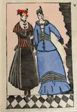 Fashion images (9 from issues 5-7) by Fashion Vienna 1914 & 5, linocut, partly coloured, sold May 2025