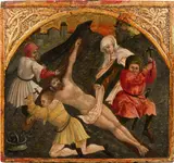 Steiermark um 1520, Cross nailing of Christ, oil on panel; stucco ornament, gold-plated, unframed