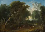 Forest landscape with woodcutters and herd of animals by Johann Christian Brand, oil on canvas; framed, offered Dec 2024