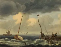 Ludolf Backhuyzen, Shipwreck in front of a landing stage, oil on panel