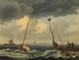 Ludolf Backhuyzen, Shipwreck in front of a landing stage, oil on panel