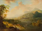 Jan Griffier I, Riverscape with barges, oil on panel; framed