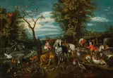 Entering Noah's Ark by Jan Brueghel the Younger, oil on canvas; framed, offered Dec 2024