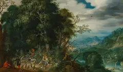 Alexander Keirincx, Forest landscape with resting company during a falcon hunt, oil on panel; framed
