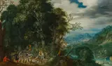 Alexander Keirincx, Forest landscape with resting company during a falcon hunt, oil on panel; framed