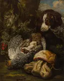 Jan Fyt, Woodland with dog, partridge and hunting bag, oil on canvas; framed