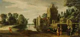 Esaias van der Velde, Riverscape with water castle and staffage, oil on panel; framed