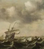 Jan Porcellis, Ships on rough seas, oil on panel; framed