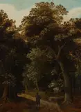 Forest landscape with brushwood collector by Roelof Jansz van Vries, oil on panel; framed, sold Dec 2024