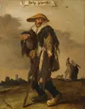Adriaen van de Venne, Beggar standing in a landscape („Help gebreck!“), oil on panel; framed