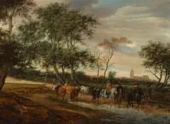 Salomon van Ruysdael, Landscape with horsemen (raid), 1660, oil on canvas; framed
