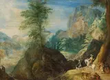 Pieter Schoubroeck, Rider with goat in landscape, oil on copper; framed