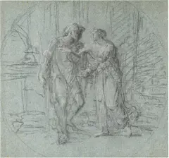 Angelika Kauffmann, Ariadne hands Theseus the saving ball of wool at the entrance to the labyrinth - study, c. 1798, black and white chalk, on blue-toned paper; unframed